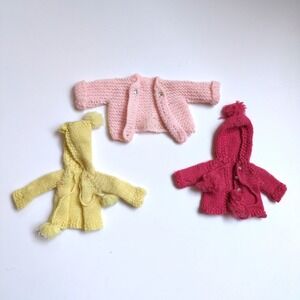 Vtg 60s Handmade Crochet Knit Barbie-Sized Doll Cardigan Sweater Pink Yellow Red